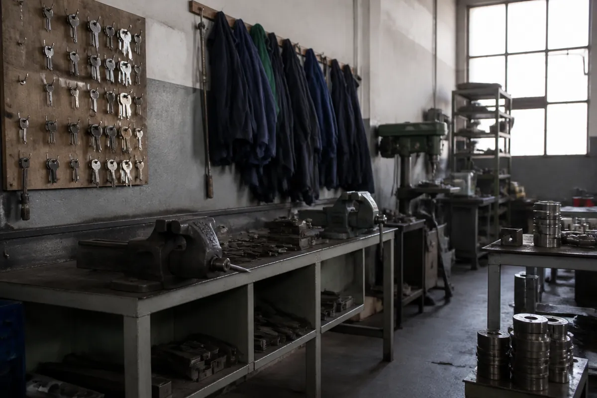 Taller de cerrajería en Murcia con banco de trabajo, llaves y chaquetas de oficio